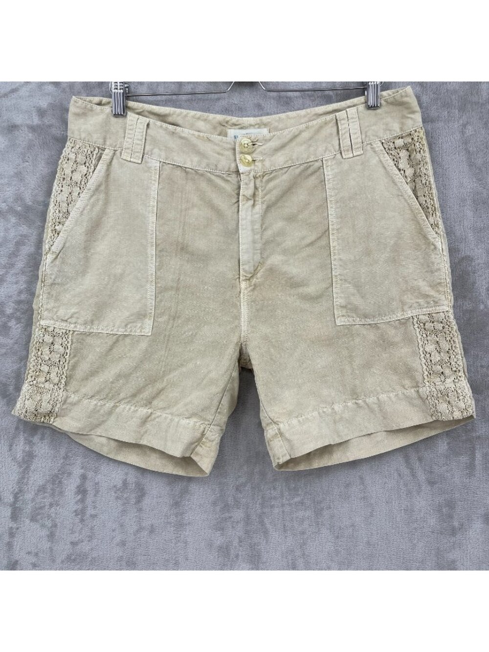 Sundance Beige Linen Cotton Blend Crochet Trim Shorts 6.25" Inseam